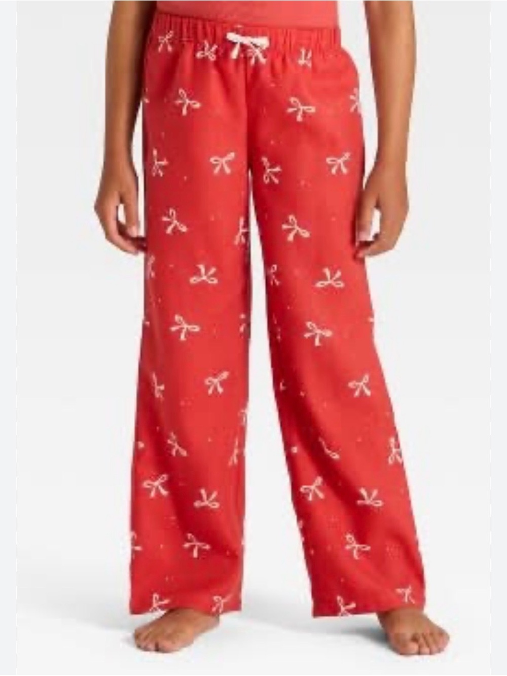 Girls' Red Bow-Print Pajama Bottoms with Drawstring Waist